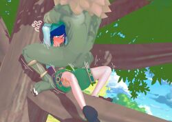 2boys against_tree blue_hair blush bow day fellatio femboy gay genshin_impact green_eyes hilichurls_(species) holding in_tree leaf long_hair long_sleeves motion_lines muscular muscular_male not-my-business outdoors pantyhose penis questionable_consent restrained shoes shorts sitting sunlight thighhighs tree venti_(genshin_impact) white_legwear