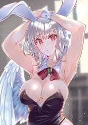 :o alternate_costume angel_wings animal_ears armpits arms_up black_leotard blurry blurry_background bow braid breasts brooch cleavage collarbone commentary_request detached_collar fake_animal_ears feathered_wings female french_braid gem green_gemstone hands_on_own_head highres indoors jewelry kishin_sagume kurokan_(kokkyou_oudan) large_breasts lens_flare leotard light_particles looking_at_viewer medium_hair open_mouth playboy_bunny rabbit_ears red_bow red_eyes red_neckwear silver_hair single_wing solo swept_bangs touhou upper_body window wing_collar wings wrist_cuffs