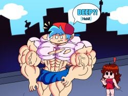 artist_request big_breasts bigger_male blue_hair blue_pants blue_text blush blush_lines boyfriend_(friday_night_funkin) brown_hair bulge_through_clothing friday_night_funkin girlfriend_(friday_night_funkin) huge_bulge huge_muscles huge_penis hyper_muscles looking_at_partner looking_surprised muscular_male red_shirt ripping_clothing smaller_female text_bubble veiny_muscles white_shirt