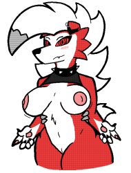 anthro areola belly big_breasts blush blush_lines bounce breasts canid canine clothed clothing collar digital_media_(artwork) ear_piercing ear_ring fangs female fingers fluffy fluffy_tail fur generation_7_pokemon genitals gesture hair handpaw huge_breasts looking_at_viewer lycanroc mammal midnight_lycanroc mushkoe navel nintendo nipples nude pawpads paws piercing pointing pokemon pokemon_(species) pussy red_body red_eyes red_fur revealing_clothes ring_piercing simple_background skimpy smile solo spiked_collar spiked_fur spikes tail teeth thick_thighs thighs_together topwear tuft werecanid werecanine werewolf white_body white_fur wide_hips