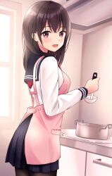 1girls apron blue_skirt breasts brown_hair cabinet cooking_pot holding_ladle ladle long_hair looking_at_viewer original pantyhose pink_apron pink_eyes sailor_collar school_uniform shirt skirt small_breasts stove white_shirt window yukimaru217