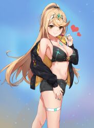 1girls black_bra black_jacket black_shorts blonde_hair bra breasts candy core_crystal food holding_lollipop jacket kiiro_kimi large_breasts lollipop looking_at_viewer midriff mythra navel nintendo painted_fingernails ponytail short_shorts shorts thigh_strap tiara xenoblade_(series) xenoblade_chronicles_2 yellow_eyes