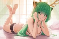 1girls ass barefoot bed black_shorts bokuboyarts breasts deer_antlers deer_ears deer_girl feet feet_up green_eyes green_hair hands_on_own_head haruka_karibu large_breasts laying_on_bed long_hair looking_at_viewer on_bed pillow shorts tank_top virtual_youtuber vshojo white_tank_top window