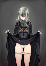 artist_request covered_eyes dark_souls dark_souls_3 dress_lift facing_viewer female fire_keeper fromsoftware grey_background grey_hair jewelry lifted_by_self mask necklace panties panties_down pussy pussy_juice simple_background solo souls_(from_software) standing uncensored wavy_mouth wrist_wraps