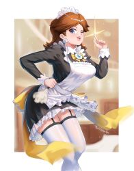 1girls apron blue_eyes bowtie breasts brown_hair burnt_green_tea earrings feather_duster flower_earrings garter_straps holding_feather_duster large_breasts long_hair looking_at_viewer maid maid_apron maid_headdress maid_uniform mario_(series) nintendo princess_daisy thighhighs