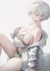 arm_support closed_eyes hair_over_one_eye huge_breasts kurotuki_nn lace_trim lingerie messy_hair relaxing short_hair sitting sitting_on_bed smile thick_thighs tomboy tomboy_milf white_hair wide_hips