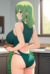 ai_generated anatomically_correct ass athletic_female back_view cooking cute female green_hair milf no_pants presenting_butt smile tiny_body weeb_ai