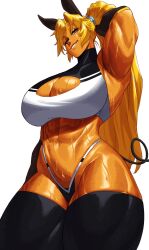 1girls 2024 2d 2d_(artwork) abs armpits bianca_(luchodraws) big_thighs black_thighhighs blonde_hair blonde_hair blue_eyes child_bearing_hips cleavage cleavage_cutout elbow_gloves female female female_focus female_only hi_res highres hips huge_thighs large_thighs muscular muscular_female oil oiled oiled_skin original original_character ponytail smile smiling smirk solo solo_female solo_focus sotcho thighhighs thighs thong tomboy toned toned_female white_background wide_hips yellow_skin