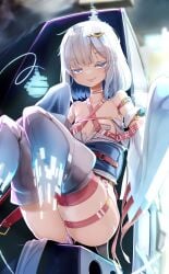 bare_thighs blue_eyes genek long_sleeves looking_at_viewer petite petite_body petite_female slim_waist small_breasts teenager thighs tongue_out virtual_reality white_hair