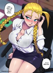 1girls ass big_breasts biting_lip blonde_hair blue_eyes blush cammy_white capcom clothed clothing color embarrassed english_text female female_focus female_only good_artwork hi_res kawa-v large_breasts light-skinned_female light_skin long_hair looking_at_another microskirt office_clothing office_lady scar sitting skirt solo solo_female speech_bubble street_fighter text text_bubble thick_thighs