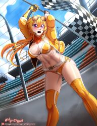 1girls abs blonde_female blonde_hair bra checkered_flag half-dressed hocen long_hair long_hair_female open_jacket purple_eyes race_queen racing_suit robotic_arm rwby sunglasses sunglasses_on_head yang_xiao_long