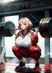 1girls ai_generated barbell big_breasts blue_eyes breasts female female female_only full_body gigantic_breasts gym huge_breasts indoors inside lifting_weights looking_away opal_(tampopo) open_mouth pink_hair shirt short_hair sneakers solo squatting stable_diffusion tampopo track_jacket track_pants working_out workout workout_clothes