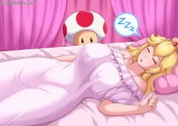 blonde_female blonde_hair blonde_hair_female clothed clothed_female clothed_male clothing large_breasts lizardman_0427 mario_(series) nightgown princess princess_peach royal royalty sleeping toad_(mario)