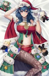 1girls alternate_costume blue_eyes breasts byleth_(female)_(fire_emblem) byleth_(female)_(frosty_professor)_(fire_emblem) byleth_(fire_emblem) byleth_(fire_emblem)_(female) character_doll christmas claude_von_riegan clothing_cutout dagger dimitri_alexandre_blaiddyd doiparuni edelgard_von_hresvelg female female_only fire_emblem fire_emblem:_three_houses fire_emblem_heroes gloves hair_ornament hat highres holly_hair_ornament knife large_breasts lying medium_hair navel nintendo official_alternate_costume on_back pantyhose pantyhose_under_shorts patterned_legwear print_pantyhose santa_hat shorts solo sothis_(fire_emblem) sothis_(winter)_(fire_emblem) stomach_cutout teal_hair weapon white_gloves