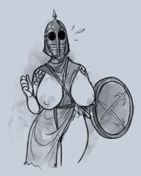 areolae armored_female big_areola big_breasts big_thighs breasts breasts_out chainmail covered_face elder_scrolls embarrassed female_knight helmet hips knight large_hips masked masked_female mostly_clothed shield simple_background sketch skyrim skyrim_guard surprised sweat the_elder_scrolls thehoeartist thighs whiterun_guard