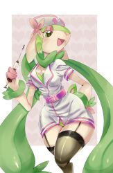 1girls anthro breasts fakemon fan_character faunazon flower garter_straps green_eyes green_fur heart-shaped_pupils holding_syringe looking_at_viewer medium_breasts nintendo nurse nurse_cap nurse_uniform pkbunny pkrabbithole psibunny syringe thighhighs