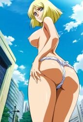 1990s_(style) 1girls ai_generated ass big_ass blonde_hair blue_eyes cg cg_art cg_set city cityscape exhibitionism female female_focus female_only fundoshi fundoshi_only gundam image_set large_ass light-skinned_female light_skin lila_lyon loin_cloth loincloth looking_at_viewer looking_down mobile_suit_gundam nai_diffusion nipples outdoors partially_clothed pink_nipples public public_nudity sayla_mass small_breasts sole_female stable_diffusion