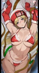 1girls armpits arms_up ashiomi_masato bikini blonde_hair christmas cleavage guilty_gear hat large_breasts looking_at_viewer lying millia_rage