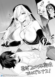 >_< 1boy 1boy1girl 3girls anger_vein bar_censor bare_shoulders big_breasts blush breasts censored commentary_request cowgirl_position cross cross_necklace elbow_gloves femdom gloves hair_over_one_eye highres holding_hands interlocked_fingers large_breasts latin_cross long_hair long_sleeves looking_at_another monochrome multiple_girls necklace nipples nun oc one_eye_covered open_mouth original original_characters parted_lips puuzaki_puuna riding sex straddling straight thighhighs thighs translation_request vaginal_penetration watching_sex