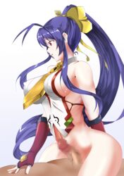 1boy antenna_hair backless_outfit bangs bare_shoulders blazblue blazblue:_central_fiction blazblue_variable_heart blue_hair bottomless canon_genderswap censored female fingerless_gloves genderswap_(mtf) gloves hair_between_eyes hairbow highres long_hair mai_natsume no_bra penis pink_eyes ponytail red_gloves ribbon rule_63 sideboob sidelocks taro_sasagae very_long_hair yellow_bow