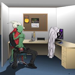 alien calendar_(object) clothing computer cowgirl_position cubicle cum cum_inside desk dragon office office_chair shirt sitting