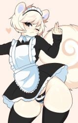 1boy animal_crossing anthro black_thighhighs blonde_hair clothing digital_art femboy fredek666 girly hi_res maid_uniform male male_only marshal_(animal_crossing) nintendo one_eye_closed shaded solo stockings tagme tail thick_thighs thighhighs visible_underwear