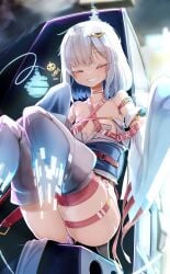 bare_thighs blue_eyes closed_eyes genek long_sleeves petite petite_body petite_female slim_waist small_breasts smiling teenager thighs virtual_reality white_hair