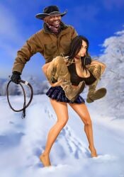 barefoot big_breasts bondage cleavage clothed cold femsub huge_breasts interracial looking_at_viewer male maledom pelagea ponygirl ponyplay short_skirt sitting_on_person skirt slave slave_girl snow whip youtuber