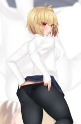 ahoge arcueid_brunestud ass ass_focus big_ass big_breasts blonde_hair blush blushing breasts bubble_butt hervi hervi_1 highres huge_ass huge_breasts large_ass large_breasts looking_at_viewer looking_back melty_blood panties pantyhose pantyhose_down pantyhose_pull red_eyes short_hair solo stripping sweater thick thick_thighs tsukihime tsukihime_(remake) turning_around turtleneck type-moon underboob undressing vampire_girl