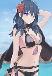 1girls absurdres alternate_costume bikini black_bikini black_cape black_swimsuit breasts byleth_(female)_(fire_emblem) byleth_(female)_(summer)_(fire_emblem) byleth_(fire_emblem) byleth_(fire_emblem)_(female) cape cloud cloudy_sky collar female female_only fire_emblem fire_emblem:_three_houses fire_emblem_heroes flower hair_flower hair_ornament hibiscus highres looking_at_viewer medium_hair n_54 nintendo ocean off_shoulder official_alternate_costume purple_eyes sky solo swimsuit teal_hair