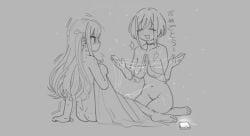 2girls :3 bang_dream! bang_dream!_it's_mygo!!!!! breasts cellphone choker clapping completely_nude grey_background highres hitobashira_(1746164306) long_hair monochrome multiple_girls nude phone pussy_juice pussy_juice_string pussy_juice_trail short_hair sidelocks simple_background sitting smartphone smile swept_bangs tagme togawa_sakiko two_side_up victim_alice wariza yokozuwari yuri yuutenji_nyamu