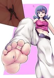 1boy 1girls absurd_res absurdres feet female foot_fetish foot_focus foot_play giantess highres larger_female larger_female_smaller_male male maskedcocoa_(artist) pokemon sabrina_(pokemon) sabrina_(pokemon_hgss) short_hair size_difference smaller_male soles team_rocket team_rocket_grunt toes