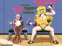 2girls blonde_hair breasts_bigger_than_head brown_eyes brown_hair burplenurpless clothing hammerspace heterochromia huge_breasts knees_together_feet_apart multicolored_hair neo_(rwby) pink_eyes pink_hair purple_eyes rwby sweat text workout workout_clothes yang_xiao_long