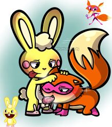 animal_genitalia animal_penis blowjob blush bunny bunny_tail cuddles cuddles_(htf) dumbass_candy fox fox_ears fox_girl fox_tail grabbing_head happy_tree_friends orange_fur orange_hair orange_skin pink_boots pink_mask pink_slippers superheroine tongue_out yellow_body yellow_fur yellow_hair yellow_skin