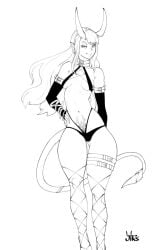 demon_girl demon_horns demon_tail fishnets horns jirs long_hair no_color pubic_tattoo revealing_clothes tail tattoo thick_thighs yanniki_(spiderqueen)