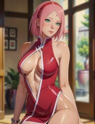 1girls ai_generated beautiful_background blurred_background bob_cut boruto:_naruto_next_generations female female_only green_eyes large_breasts naruto naruto_(series) pink_hair sakura_haruno solo solo_focus