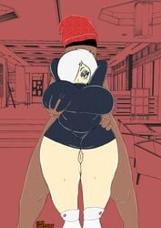 1girls beanie big_belly big_breasts breast_grab breast_hold breast_squeeze breasts clothed clothed_female clothed_female_nude_male clothed_sex dark-skinned_male dark_skin female female/male from_behind hand_on_hip huge_breasts human human_only interracial large_breasts lwd_cartoonz male red_eyes skirt sweater thick thick_hips thick_legs thick_thighs thigh_sex tight_clothing turtleneck turtleneck_sweater unknown_(lwd_cartoonz) white_hair