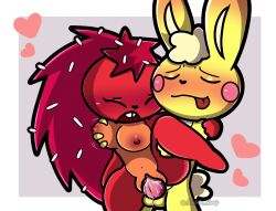 animal_genitalia big_penis blush bunny bunny_tail closed_eyes cuddles_(htf) cute dumbass_candy flaky_(htf) grabbing_breasts happy_tree_friends heart holding_leg holding_legs holding_legs_up medium_breasts moaning orange_body porcupine red_body red_hair red_quills tongue_out yellow_body yellow_fur yellow_hair