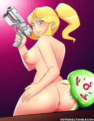 1girls anus areolae ass baby_(metroid) biting_on_ass blonde_hair breasts female gun hotkeke1 human metroid metroid_(creature) nintendo nipples nude ponytail pussy samus_aran weapon