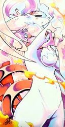 025aki 2d anthro belly_button blue_eyes breasts claws curvy dragon dragon_girl female female_dragon female_focus female_only female_pokemon fire furred_dragon legendary_pokémon long_eyelashes looking_at_viewer nintendo no_background open_mouth pokémon_(species) pokemon reshiram scalie white_background white_hair