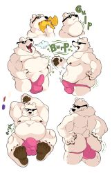 absurd_res anthro ass bear belly big_belly bulge burping clothed clothing digestion digestion_noises duo erection eyewear fatal_vore generation_1_pokemon hi_res ice_climber male male_pred mammal nintendo nipples onomatopoeia open_mouth oral_vore partially_inside pikachu pokemon pokemon_(species) polar_bear polar_bear_(ice_climber) rumbling_stomach simple_background size_difference sound_effects stomach_bulge sunglasses swallowing tail teeth text tongue tongue_out underwear ursine vore watagenodebi