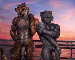 2016 5_fingers abs anthro anthro_on_anthro balls black_fur black_nose blue_eyes duo erection feline fur green_eyes half-erect killianwalker male mammal muscular muscular_male nude orange_fur panther penis pink_nose pose pubes seat shy sky smile standing stripes sunset tiger yaoi