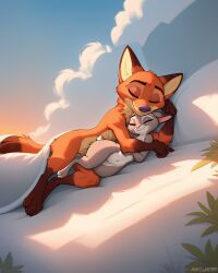 1boy 1girls ai_generated alucard_(artist) anthro canine closed_eyes disney female fox furry hug judy_hopps lagomorph male male/female navel nick_wilde nude rabbit sleeping zootopia