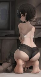 ass back_view bare_back bare_legs bare_shoulders bare_thighs barefoot black_hair bob_cut feet genek kneeling looking_at_viewer looking_back petite petite_body petite_female shorts slim_waist teenager thighs