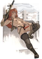 1girls assault_rifle gekk_0 gun military muscular pose red_hair sex_toy smirk strap-on