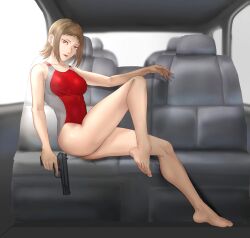 1girls big_ass blonde_hair car car_interior chainsaw_man feet female female_only firearm gun mappa pistol sawatari_akane solo tokarev_tt-33 weapon