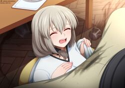 1boy 1girls between_legs closed_eyes embarrassed female_focus gray_hair milf neocoill object_in_hand spilled_drink uzaki-chan_wa_asobitai! uzaki_tsuki