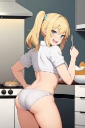 ai_generated anatomically_correct ass athletic_female back_view blonde_hair cooking cute cute_fangs female no_pants presenting_butt smile tiny_body weeb_ai