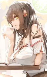 big_breasts black_hair breasts_squeezed_together brown_eyes drinking genek long_hair looking_at_viewer on_table petite petite_body petite_female side_eye side_view teenager