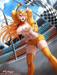 1girls blonde_female blonde_hair breasts checkered_flag hocen long_hair long_hair_female no_bra open_jacket purple_eyes race_queen robotic_arm rwby sunglasses sunglasses_on_head yang_xiao_long